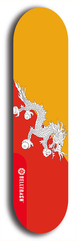 North American maple skateboard deck designed by underground artist BellyRash -- available in widths between 7.5 to 8.5 inches in both mellow concave and steep concave shapes. Artwork : 	Bhutan	flag skateboard deck																				