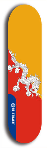 North American maple skateboard deck designed by underground artist BellyRash -- available in widths between 7.5 to 8.5 inches in both mellow concave and steep concave shapes. Artwork : 	Bhutan	flag skateboard deck																				