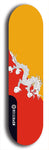 North American maple skateboard deck designed by underground artist BellyRash -- available in widths between 7.5 to 8.5 inches in both mellow concave and steep concave shapes. Artwork : 	Bhutan	flag skateboard deck																				