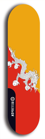 North American maple skateboard deck designed by underground artist BellyRash -- available in widths between 7.5 to 8.5 inches in both mellow concave and steep concave shapes. Artwork : 	Bhutan	flag skateboard deck																				