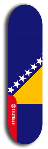 North American maple skateboard deck designed by underground artist BellyRash -- available in widths between 7.5 to 8.5 inches in both mellow concave and steep concave shapes. Artwork : 	Bosnia and Herzegovina	flag skateboard deck																				