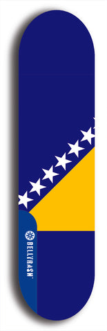 North American maple skateboard deck designed by underground artist BellyRash -- available in widths between 7.5 to 8.5 inches in both mellow concave and steep concave shapes. Artwork : 	Bosnia and Herzegovina	flag skateboard deck																				