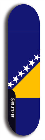 North American maple skateboard deck designed by underground artist BellyRash -- available in widths between 7.5 to 8.5 inches in both mellow concave and steep concave shapes. Artwork : 	Bosnia and Herzegovina	flag skateboard deck																				