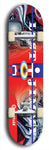 North American maple skateboard deck designed by underground artist BellyRash -- available in widths between 7.5 to 8.5 inches in both mellow concave and steep concave shapes. Artwork: Lost Jimmy skateboard deck red logo with trucks and wheels.