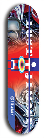 North American maple skateboard deck designed by underground artist BellyRash -- available in widths between 7.5 to 8.5 inches in both mellow concave and steep concave shapes. Artwork: Lost Jimmy skateboard deck blue logo without trucks and wheels. 