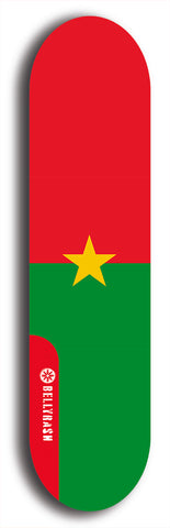 North American maple skateboard deck designed by underground artist BellyRash -- available in widths between 7.5 to 8.5 inches in both mellow concave and steep concave shapes. Artwork : 	Burkina Faso	flag skateboard deck																				