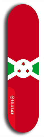 North American maple skateboard deck designed by underground artist BellyRash -- available in widths between 7.5 to 8.5 inches in both mellow concave and steep concave shapes. Artwork : 	Burundi	flag skateboard deck																				
