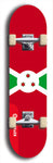 North American maple skateboard deck designed by underground artist BellyRash -- available in widths between 7.5 to 8.5 inches in both mellow concave and steep concave shapes. Artwork : 	Burundi	flag skateboard deck																				