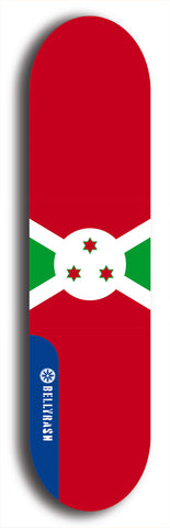 North American maple skateboard deck designed by underground artist BellyRash -- available in widths between 7.5 to 8.5 inches in both mellow concave and steep concave shapes. Artwork : 	Burundi	flag skateboard deck																				