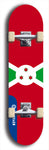 North American maple skateboard deck designed by underground artist BellyRash -- available in widths between 7.5 to 8.5 inches in both mellow concave and steep concave shapes. Artwork : 	Burundi	flag skateboard deck																				