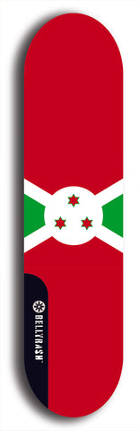 North American maple skateboard deck designed by underground artist BellyRash -- available in widths between 7.5 to 8.5 inches in both mellow concave and steep concave shapes. Artwork : 	Burundi	flag skateboard deck																				