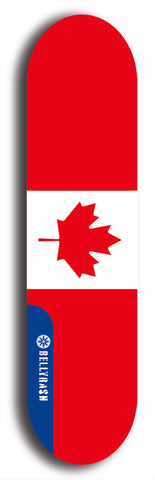 North American maple skateboard deck designed by underground artist BellyRash -- available in widths between 7.5 to 8.5 inches in both mellow concave and steep concave shapes. Artwork : 	Canada	flag skateboard deck																				