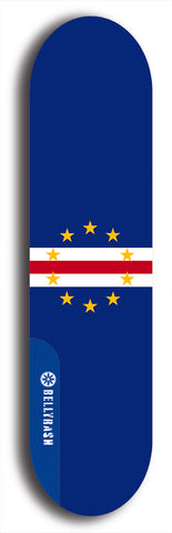 North American maple skateboard deck designed by underground artist BellyRash -- available in widths between 7.5 to 8.5 inches in both mellow concave and steep concave shapes. Artwork : 	Cabo Verde	flag skateboard deck																				