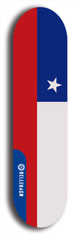 North American maple skateboard deck designed by underground artist BellyRash -- available in widths between 7.5 to 8.5 inches in both mellow concave and steep concave shapes. Artwork : 	Chile	flag skateboard deck																				