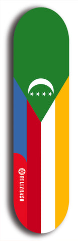 North American maple skateboard deck designed by underground artist BellyRash -- available in widths between 7.5 to 8.5 inches in both mellow concave and steep concave shapes. Artwork : 	Comoros	flag skateboard deck																				