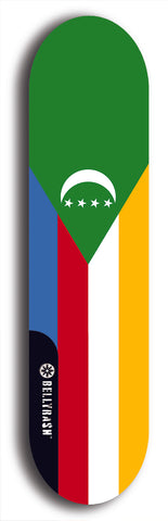 North American maple skateboard deck designed by underground artist BellyRash -- available in widths between 7.5 to 8.5 inches in both mellow concave and steep concave shapes. Artwork : 	Comoros	flag skateboard deck																				