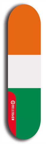 North American maple skateboard deck designed by underground artist BellyRash -- available in widths between 7.5 to 8.5 inches in both mellow concave and steep concave shapes. Artwork : 	Côte d'Ivoire	flag skateboard deck																				