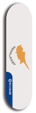 North American maple skateboard deck designed by underground artist BellyRash -- available in widths between 7.5 to 8.5 inches in both mellow concave and steep concave shapes. Artwork : 	Cyprus	flag skateboard deck																				