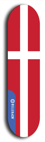 North American maple skateboard deck designed by underground artist BellyRash -- available in widths between 7.5 to 8.5 inches in both mellow concave and steep concave shapes. Artwork : 	Denmark	flag skateboard deck																				