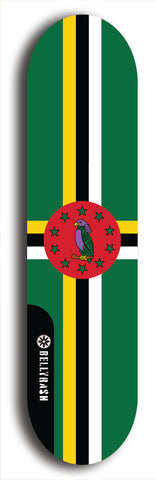 North American maple skateboard deck designed by underground artist BellyRash -- available in widths between 7.5 to 8.5 inches in both mellow concave and steep concave shapes. Artwork : 	Dominica	flag skateboard deck																				