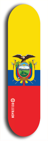 North American maple skateboard deck designed by underground artist BellyRash -- available in widths between 7.5 to 8.5 inches in both mellow concave and steep concave shapes. Artwork : 	Ecuador	flag skateboard deck																				