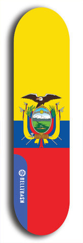 North American maple skateboard deck designed by underground artist BellyRash -- available in widths between 7.5 to 8.5 inches in both mellow concave and steep concave shapes. Artwork : 	Ecuador	flag skateboard deck																				