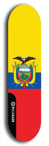North American maple skateboard deck designed by underground artist BellyRash -- available in widths between 7.5 to 8.5 inches in both mellow concave and steep concave shapes. Artwork : 	Ecuador	flag skateboard deck																				