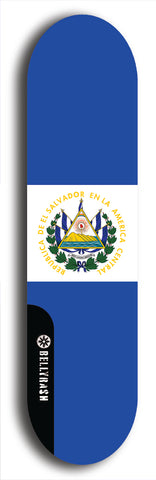 North American maple skateboard deck designed by underground artist BellyRash -- available in widths between 7.5 to 8.5 inches in both mellow concave and steep concave shapes. Artwork : 	El Salvador	flag skateboard deck																				