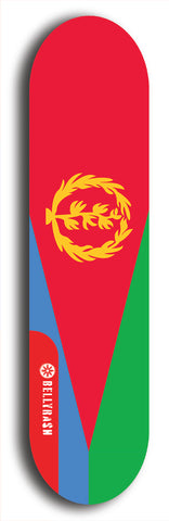 North American maple skateboard deck designed by underground artist BellyRash -- available in widths between 7.5 to 8.5 inches in both mellow concave and steep concave shapes. Artwork : 	Eritrea	flag skateboard deck																				