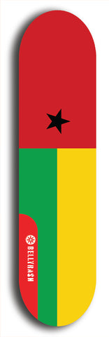 North American maple skateboard deck designed by underground artist BellyRash -- available in widths between 7.5 to 8.5 inches in both mellow concave and steep concave shapes. Artwork : 	Guinea-Bissau	flag skateboard deck																				