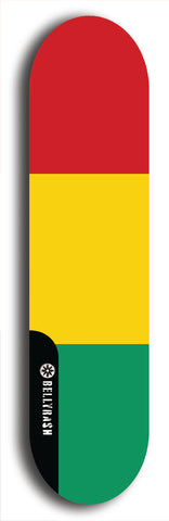 North American maple skateboard deck designed by underground artist BellyRash -- available in widths between 7.5 to 8.5 inches in both mellow concave and steep concave shapes. Artwork : 	Guinea	flag skateboard deck																				