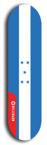 North American maple skateboard deck designed by underground artist BellyRash -- available in widths between 7.5 to 8.5 inches in both mellow concave and steep concave shapes. Artwork : 	Honduras	flag skateboard deck																				