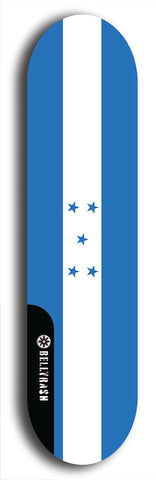 North American maple skateboard deck designed by underground artist BellyRash -- available in widths between 7.5 to 8.5 inches in both mellow concave and steep concave shapes. Artwork : 	Honduras	flag skateboard deck																				