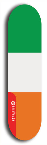 North American maple skateboard deck designed by underground artist BellyRash -- available in widths between 7.5 to 8.5 inches in both mellow concave and steep concave shapes. Artwork : 	Ireland	flag skateboard deck																				