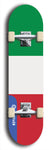 North American maple skateboard deck designed by underground artist BellyRash -- available in widths between 7.5 to 8.5 inches in both mellow concave and steep concave shapes. Artwork : 	Italy	flag skateboard deck																				