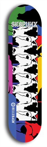 Skateboard deck: Limited edition, North American maple skateboard deck designed by underground artist BellyRash - available widths 7.5 to 8.5 inches in both mellow concave and steep concave shapes. Artwork: SK8PUNX logo brand popsicle-shaped deck