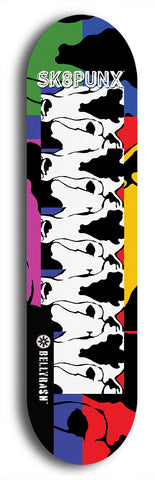 Skateboard deck: Limited edition, North American maple skateboard deck designed by underground artist BellyRash - available widths 7.5 to 8.5 inches in both mellow concave and steep concave shapes. Artwork: SK8PUNX logo brand popsicle-shaped deck