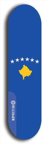 North American maple skateboard deck designed by underground artist BellyRash -- available in widths between 7.5 to 8.5 inches in both mellow concave and steep concave shapes. Artwork : 	Kosovo	flag skateboard deck																				