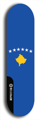 North American maple skateboard deck designed by underground artist BellyRash -- available in widths between 7.5 to 8.5 inches in both mellow concave and steep concave shapes. Artwork : 	Kosovo	flag skateboard deck																				