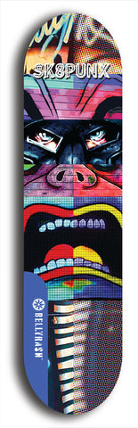 Skateboard deck: Limited edition, North American maple skateboard deck designed by underground artist BellyRash - available widths 7.5 to 8.5 inches in both mellow concave and steep concave shapes. Artwork: SK8PUNX logo brand popsicle-shaped deck