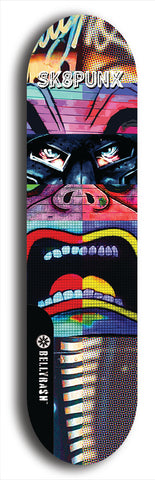 Skateboard deck: Limited edition, North American maple skateboard deck designed by underground artist BellyRash - available widths 7.5 to 8.5 inches in both mellow concave and steep concave shapes. Artwork: SK8PUNX logo brand popsicle-shaped deck