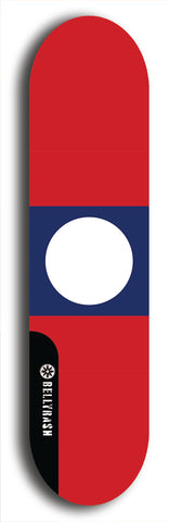 North American maple skateboard deck designed by underground artist BellyRash -- available in widths between 7.5 to 8.5 inches in both mellow concave and steep concave shapes. Artwork : 	Laos	flag skateboard deck																				