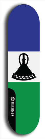 North American maple skateboard deck designed by underground artist BellyRash -- available in widths between 7.5 to 8.5 inches in both mellow concave and steep concave shapes. Artwork : 	Lesotho	flag skateboard deck																				