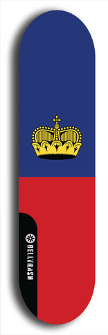 North American maple skateboard deck designed by underground artist BellyRash -- available in widths between 7.5 to 8.5 inches in both mellow concave and steep concave shapes. Artwork : 	Liechtenstein	flag skateboard deck																				