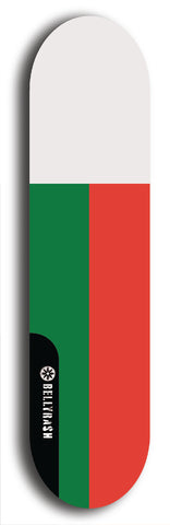 North American maple skateboard deck designed by underground artist BellyRash -- available in widths between 7.5 to 8.5 inches in both mellow concave and steep concave shapes. Artwork : 	Madagascar	flag skateboard deck																				