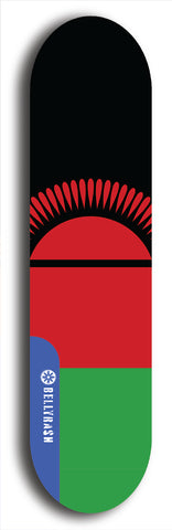 North American maple skateboard deck designed by underground artist BellyRash -- available in widths between 7.5 to 8.5 inches in both mellow concave and steep concave shapes. Artwork : 	Malawi	flag skateboard deck																				