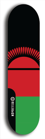 North American maple skateboard deck designed by underground artist BellyRash -- available in widths between 7.5 to 8.5 inches in both mellow concave and steep concave shapes. Artwork : 	Malawi	flag skateboard deck																				