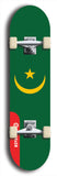 North American maple skateboard deck designed by underground artist BellyRash -- available in widths between 7.5 to 8.5 inches in both mellow concave and steep concave shapes. Artwork : 	Mauritania	flag skateboard deck																				