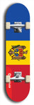 North American maple skateboard deck designed by underground artist BellyRash -- available in widths between 7.5 to 8.5 inches in both mellow concave and steep concave shapes. Artwork : 	Moldova	flag skateboard deck																				