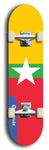 North American maple skateboard deck designed by underground artist BellyRash -- available in widths between 7.5 to 8.5 inches in both mellow concave and steep concave shapes. Artwork : 	Myanmar (formerly Burma)	flag skateboard deck																				